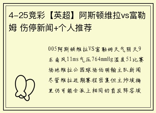 4-25竞彩【英超】阿斯顿维拉vs富勒姆 伤停新闻+个人推荐