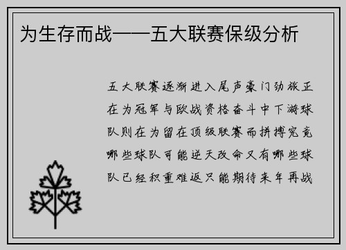 为生存而战——五大联赛保级分析